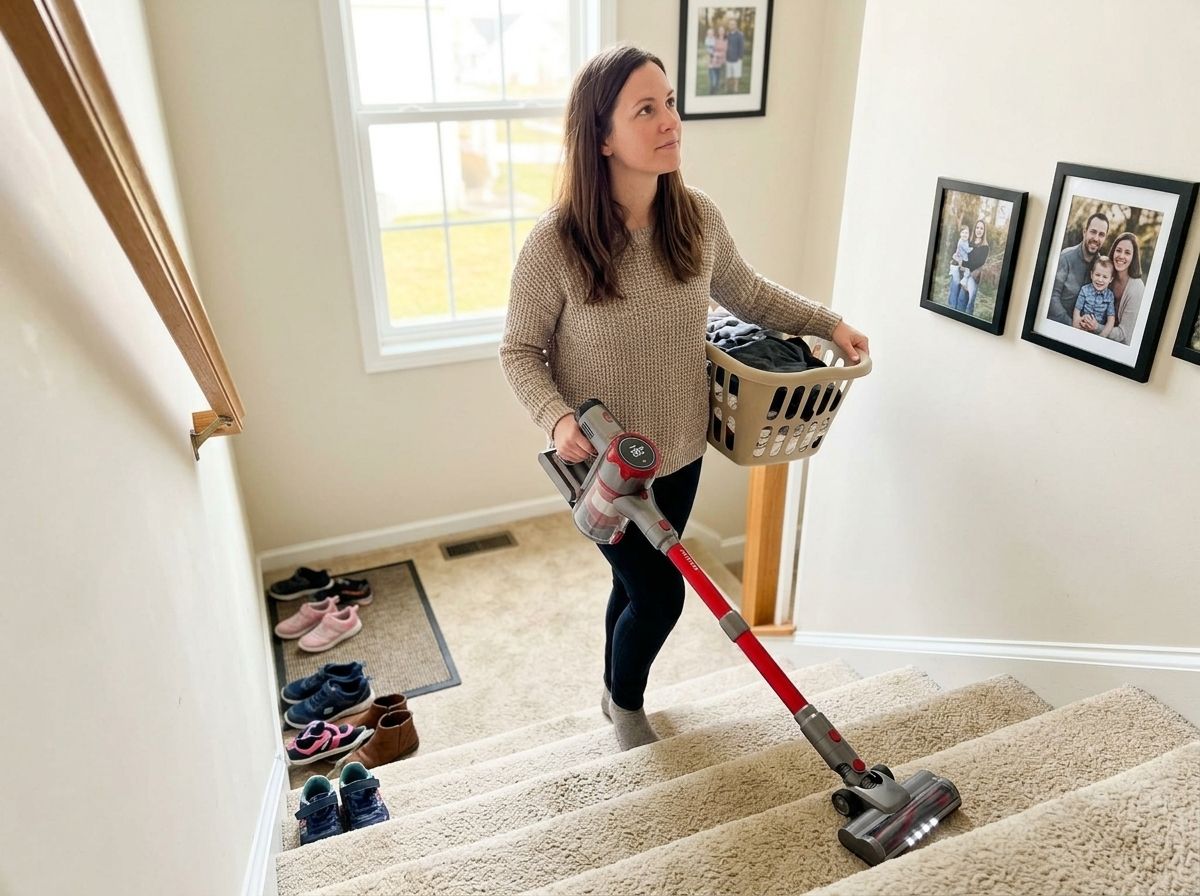 Woman vacuuming stairs one-handed while carrying a laundry basket
