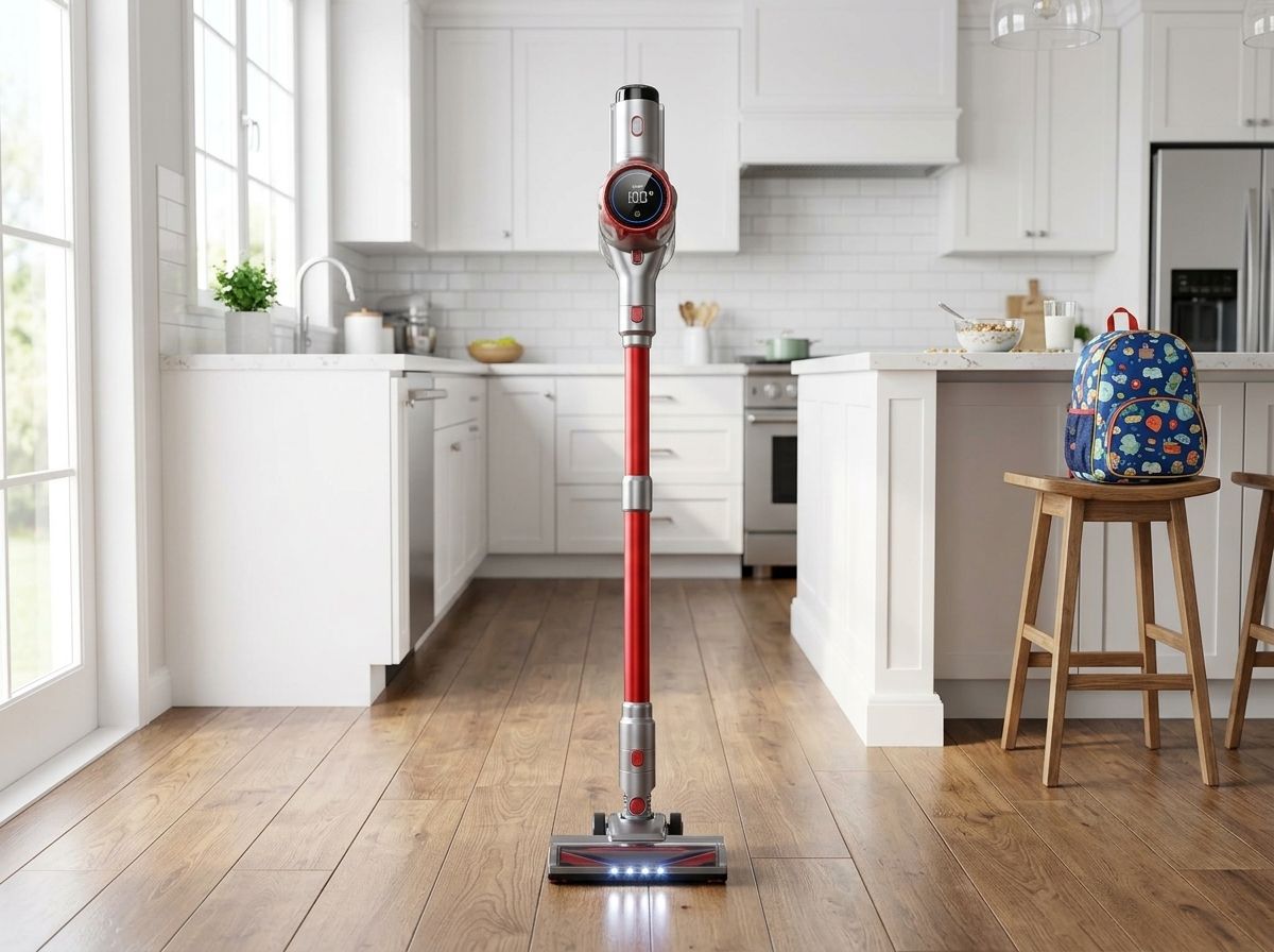 Cordless vacuum standing upright by itself in a kitchen