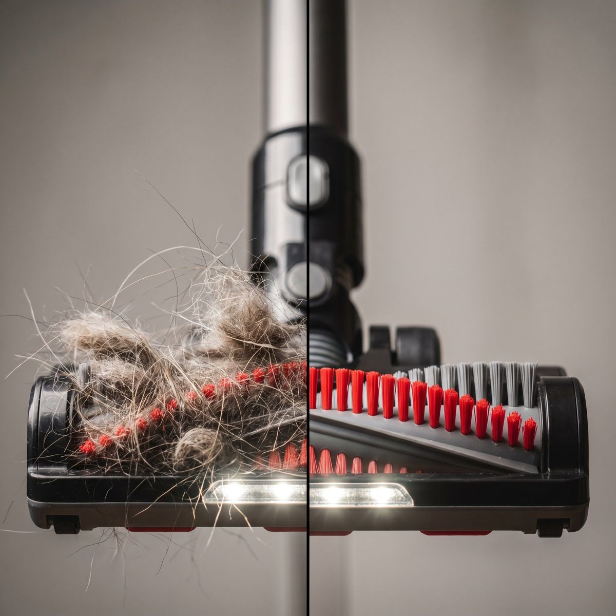 Hair-wrapped brush roll compared with a clean anti-tangle brush
